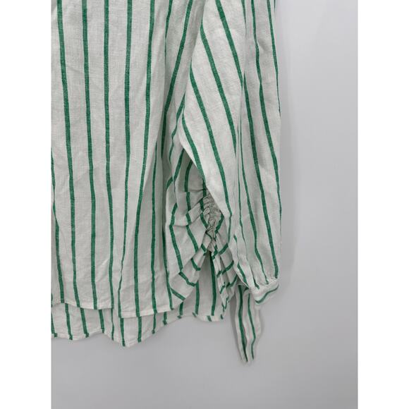 Scoop Button Down Shirt Women Medium Green Striped Linen Rayon Collar Tunic - Picture 3 of 9